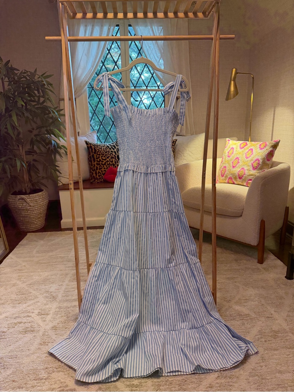 Light Blue Stripe Tiered Maxi Dress with Tie Straps